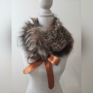Elegant Genuine Brown Fur Shawl with Lovely Copper Satin Ribbon